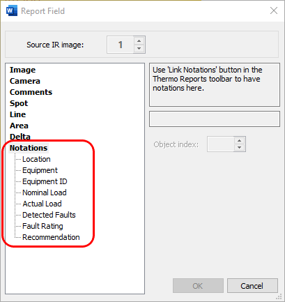 fields dialog with notations